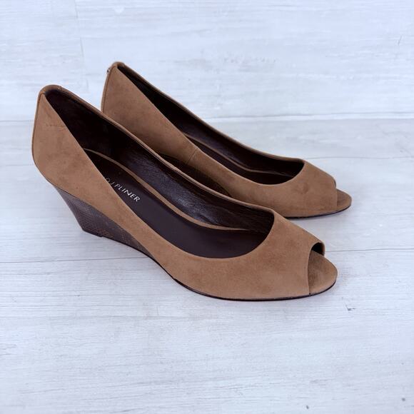 DONALD PLINER Milli Brown Suede Wedges Size 7 Peep Toe Snake Print Heels Preppy - Picture 14 of 14